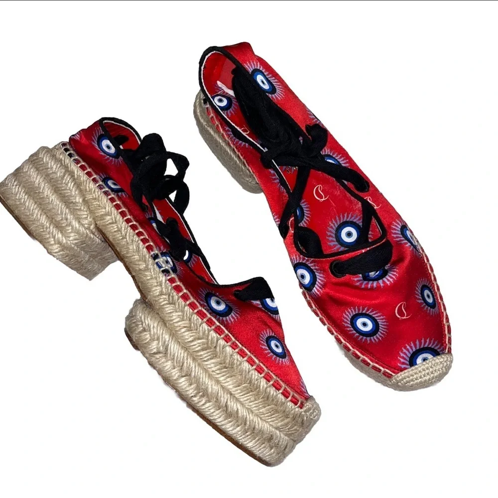 Christian Louboutin Red Espadrilles Evil Eye Platform Lace Up 9 39.5 Resort 🟡
